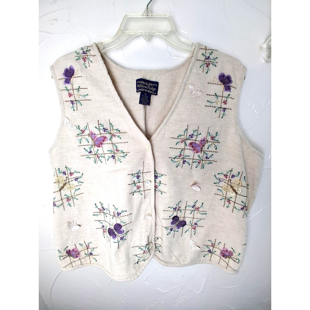Willow Ridge Vintage Vest Embroidered Flowers‎ And Butterflies Size 1X Cottage